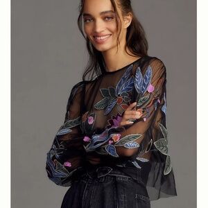 Anthropologie, The Layla Long-Sleeve Appliqué Mesh Blouse